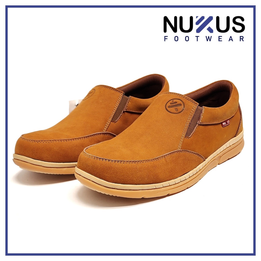 Nukus Sepatu Pria Kasual Slip On Kulit Sapi Asli Nobuk Coklat Tan - B01