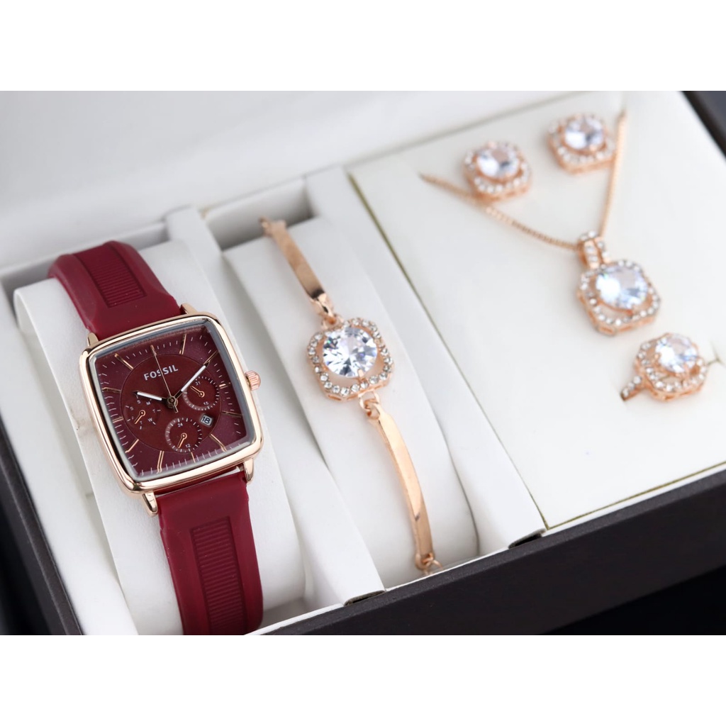 BISA COD✅ Jam tangan Strap Karet Free Aksesoris Gelang Cincin Anting Kalung