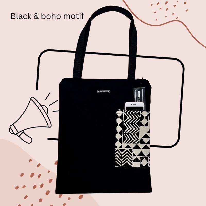 Tote bag black &amp; boho motif