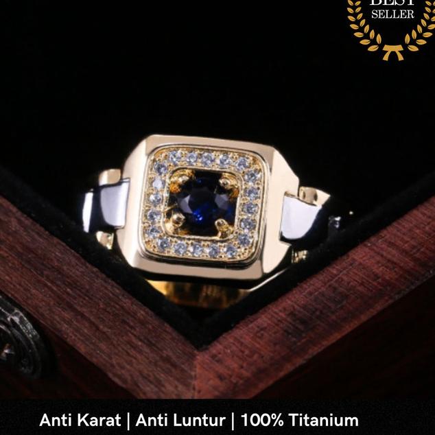 Cincin Pria Titanium Batu Biru / Cincin Titanium Pria Emas Batu Biru - 8
