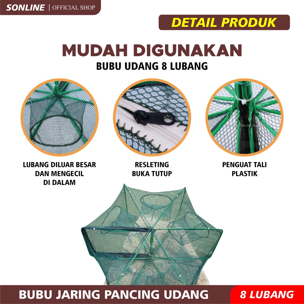 SONLINE Bubu Ikan Udang Jaring lubang Dilipat Portabel Hexagon Jaring ikan Udang Ikan Otomatis Perangkap Udang Ikan Mas Penangkap Kandang jaring 8 Lubang