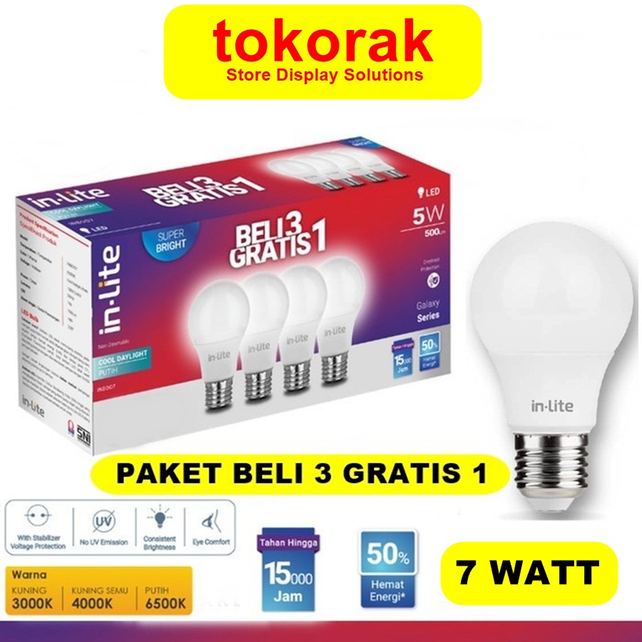 INLITE LAMPU BULB  5 7 9 11WATT KUNING ISI 4PCS LED BOHLAM IN LITE