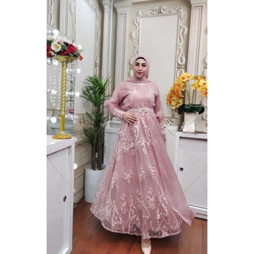 DRESS HERMISA +PASMINA BAHAN FULL BRUKAT MIX ORGANZA