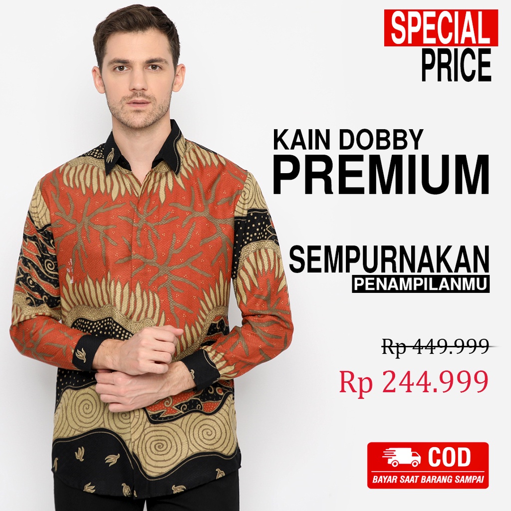 KEMEJA BATIK PRIA LENGAN PANJANG Kemeja Dobby Slimfit Motif Jagad Lapis Warna Hitam Orange 722554 Cap 72 Baju Kemeja Atasan Pakaian Setelan Batik Pria Cowok Laki Laki Remaja Keluarga Kantor Lengan Panjang Modern Slimfit Slim Fit Premium Kekinian