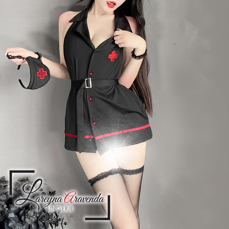 Lareyna Aravenda Set Lingerie + CD Seksi Fit M/L/XL/XXL Model Kostum Kemeja Perawat LG539