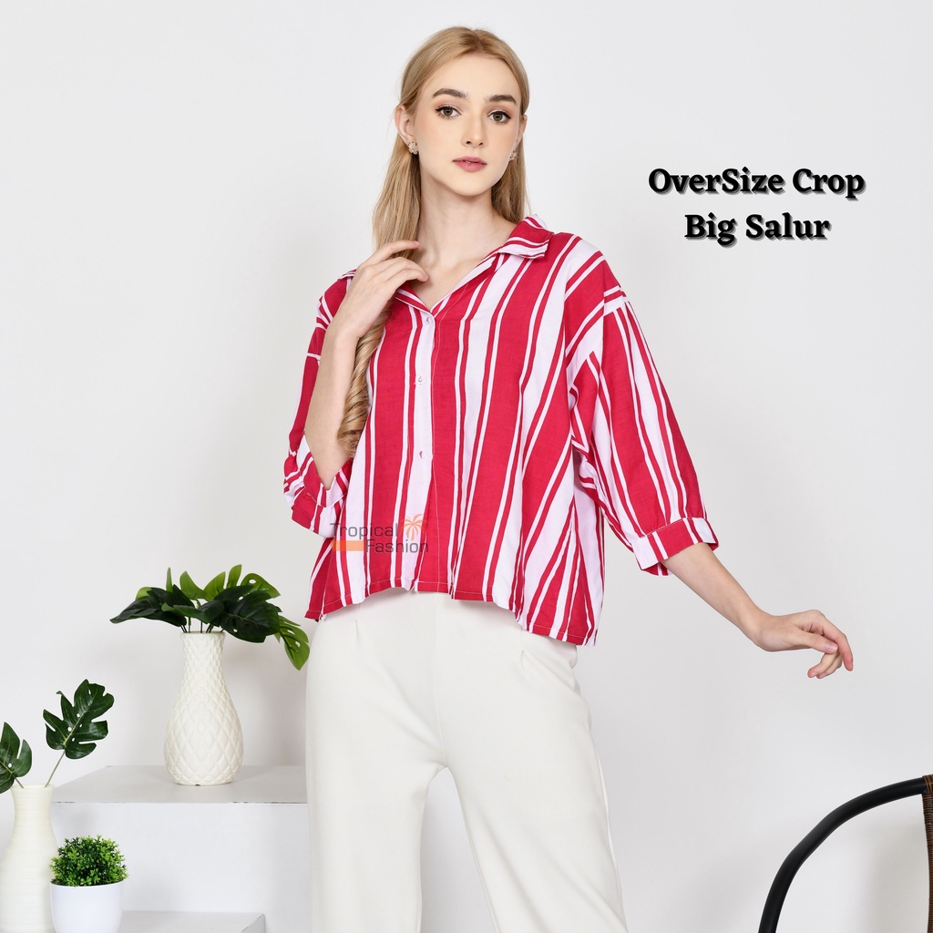 Kemeja Wanita OverSize Crop Motif BIG SALUR Garis Terbaru Kekinian l Cwek Style Korea