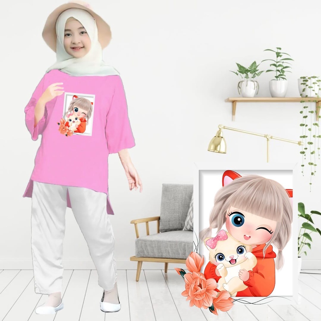 Tunik Anak Anime Girl Cat/Atasan Muslim Anak