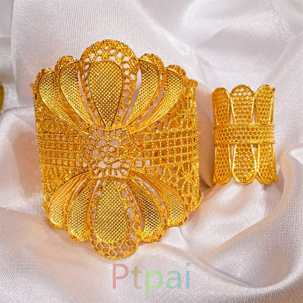 Perhiasan Set Gelang Kendari Bamgle+Cincin Dewasa Lapis Emas 24k Gelang Tangan Keroncong terbaru xuping dubai