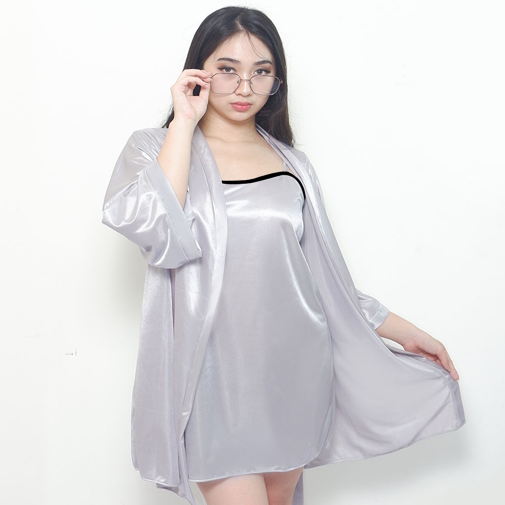 FOLVA kimono set baju tidur satin 1298SSET_XL silver big size XL