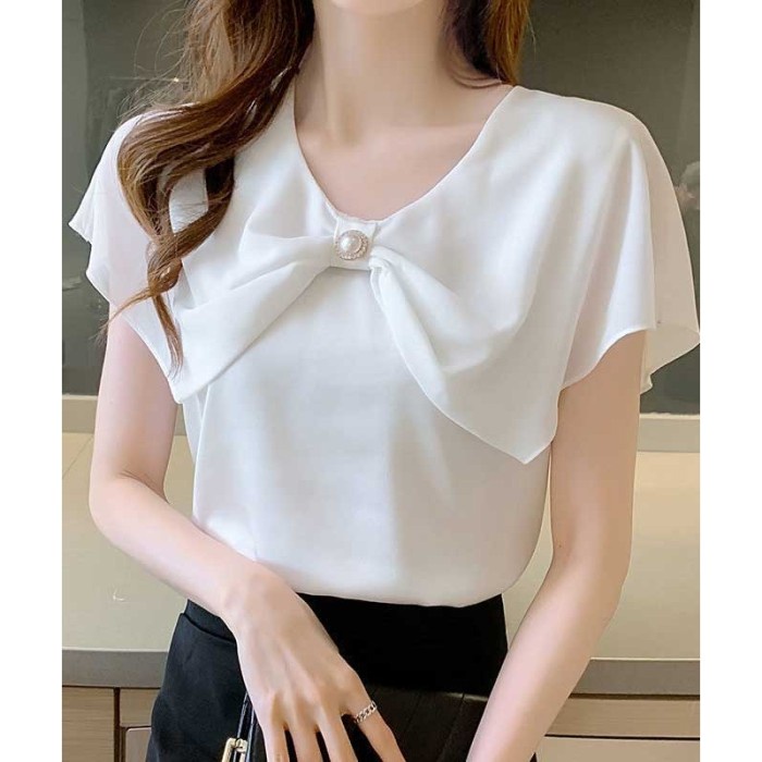 blouse wanita putih model cantik sifon korea lengan pendek elegant