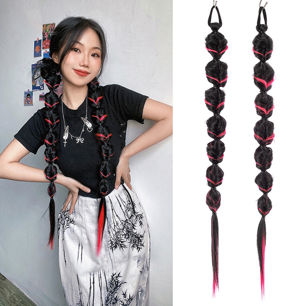 1 Pasang Rambut Palsu Model Kepang Panjang 60cm Warna Merah Untuk Wanita