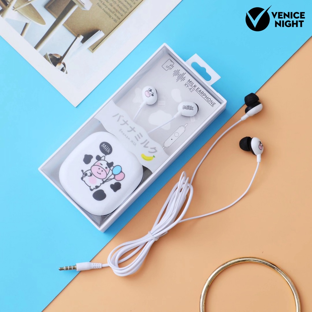 (VNEP) (Berkabel) Earphone Pengurang Kebisingan Universal Lucu 3.5mm Pola Kartun Sapi In-ear Earphone dengan Kotak Penyimpanan untuk Gadis