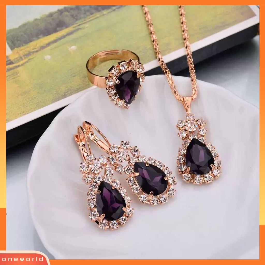 3pcs / Set Kalung Anting Cincin Liontin Water Drop Berlian Imitasi Bahan Alloy Warna Cerah