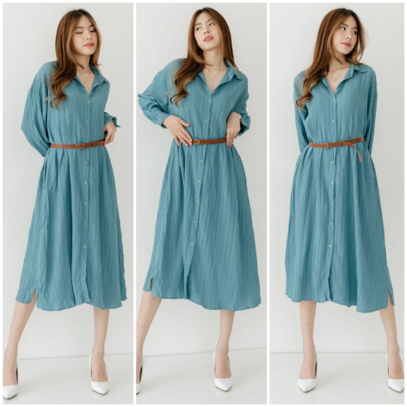 ♡ PREMIUM ♡ ORIGINAL !  MAHEERA BIG SIZE JUMBO PLEATED CRINKLE COLLAR BUTTON LONG SLEEVE MIDI LOOSE DRESS WITH BELT ( BUSUI , HIJAB &amp; BUMIL FRIENDLY )