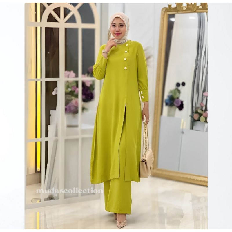 Adeline One Set Jumbo Setelan Long Tunik Dan Celana Panjang Baju Setelan Wanita Kekinian Bahan Crinkle Outfit Kondangan