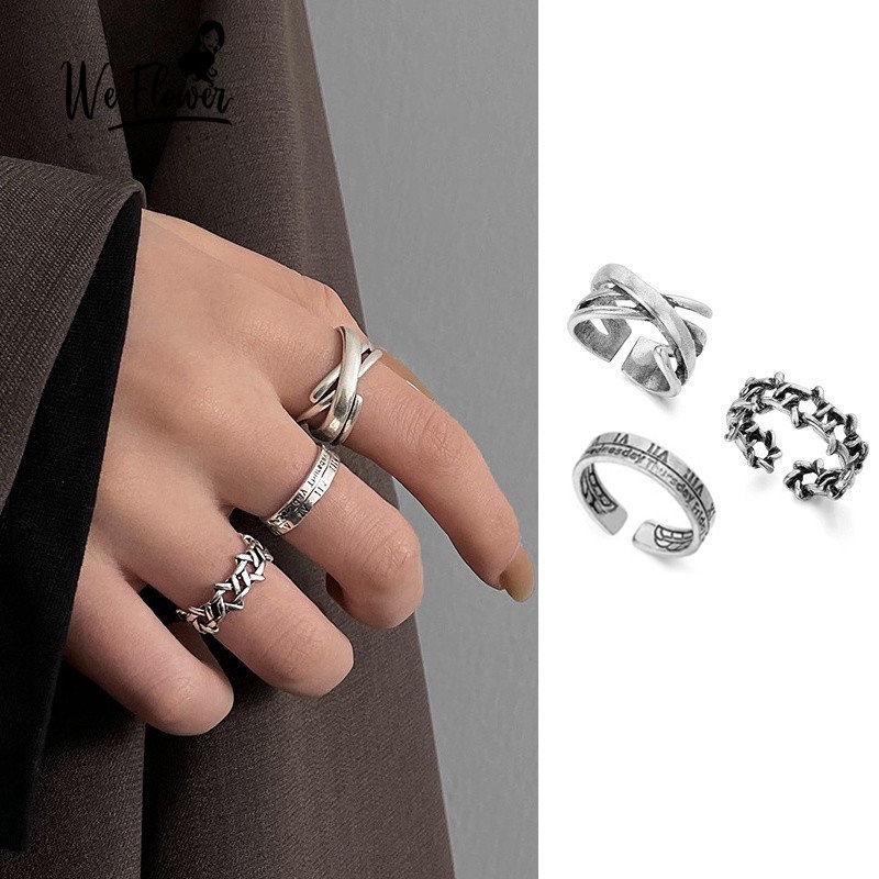 We Flower 3 Pcs Retro Perak Terbuka Buku Jari Cincin Set Untuk Wanita Pria Unisex Adjustable Punk Cuff Finger Rings Perhiasan