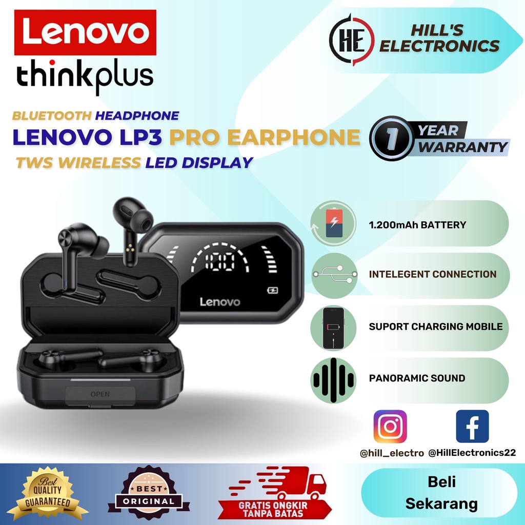 Lenovo LP3 Pro Bluetooth Headphones TWS Wireless LED Display Earphones