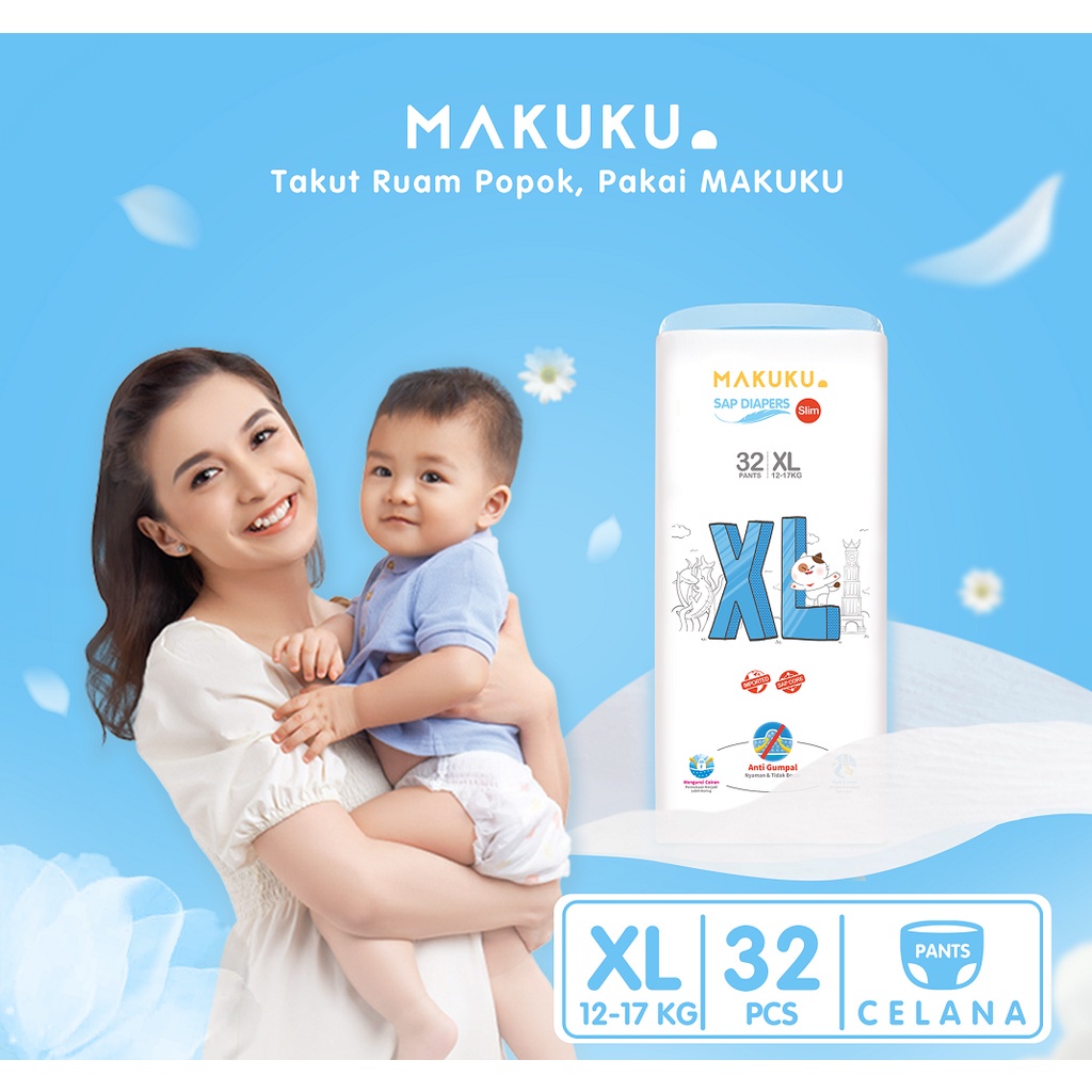 [BabyFriendly] MAKUKU Air Diapers Slim Pants XL32 / Popok bayi Tipis SAP anti gumpal cepat kering sekali pakai tipe celana ukuran XL isi 32pcs