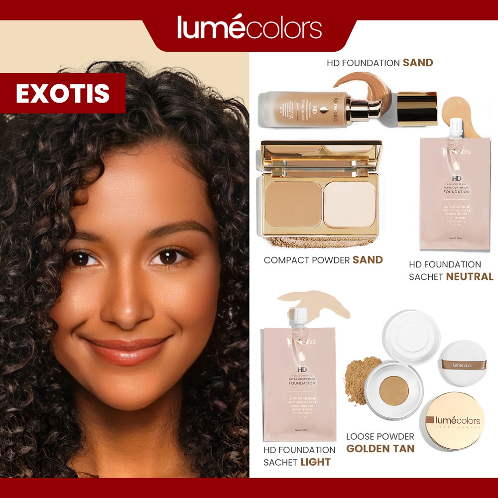 (Free Emas) Agen Resmi Lumecolors Paket Bundling Lengkap 5in1 Perfect Complexion Foundation + Compact Powder + Loose Powder + 2x Sachet untuk 5 tone wajah kulit BPOM Tahan Lama