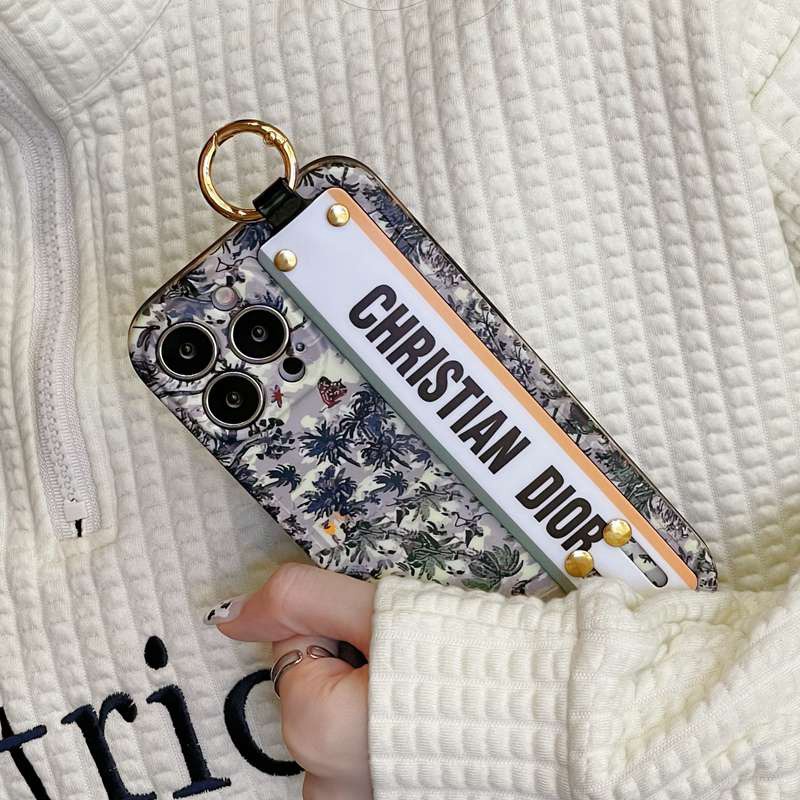 Case Bahan Silikon Motif Christian Dior Leaf Dengan Wristband Untuk IPhone Xr Xs 14 Plus Ip 11 12 13 14 Pro Max