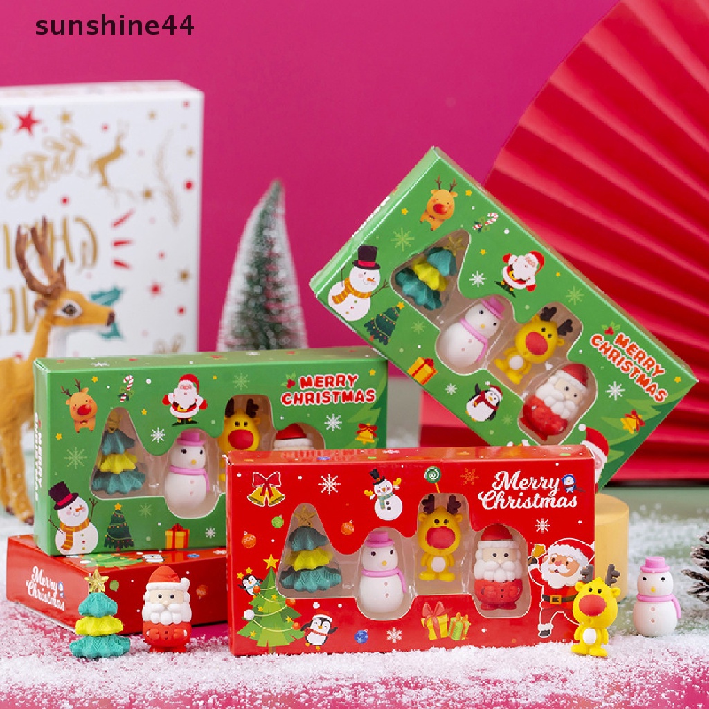 Sunshine 4pcs / Set Penghapus Pensil Motif Santa Claus Natal Untuk Stationery Anak / Sekolah / Kantor