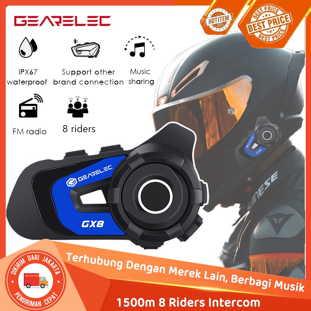 Intercom GEARELEC GX8 Helm Sepeda Motor Bluetooth Intercom Headset 8-Rider 1500m Rentang BT 5.1 Interfon Sistem Komunikasi Nirkabel dengan Radio FM EQ Berbagi Musik