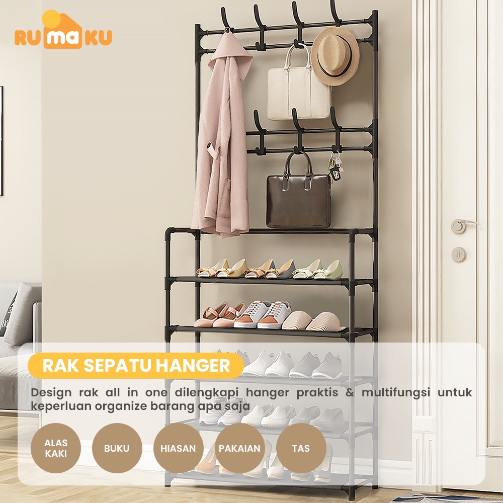 Rumaku Rak Sepatu Serbaguna Multifungsi Stand Hanger Gantungan Baju Topi Minimalis