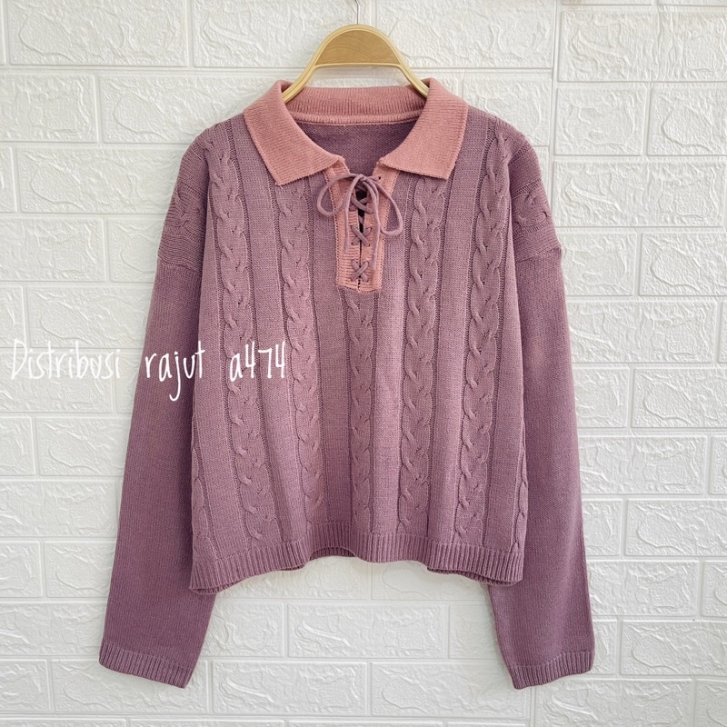 DEVINA SWEATER RAJUT POLO TALI MOTIF CABLE WANITA OVERSIZE