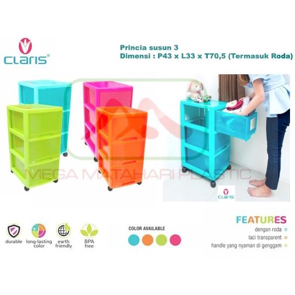 

Lemari / Laci Plastik Princia Susun 3 PKD3R Claris (Dengan Roda) stock ready