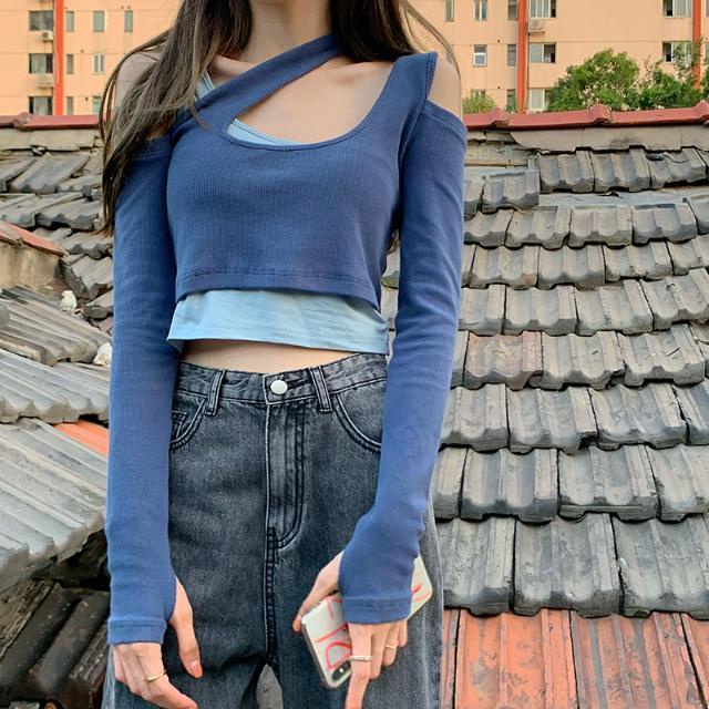 Red Biru Palsu Dua Potong Lengan Panjang Rompi T-shirt In Tide 2022 Baru Musim Gugur Pakaian Wanita Body-Fitting pendek BM Angin Top