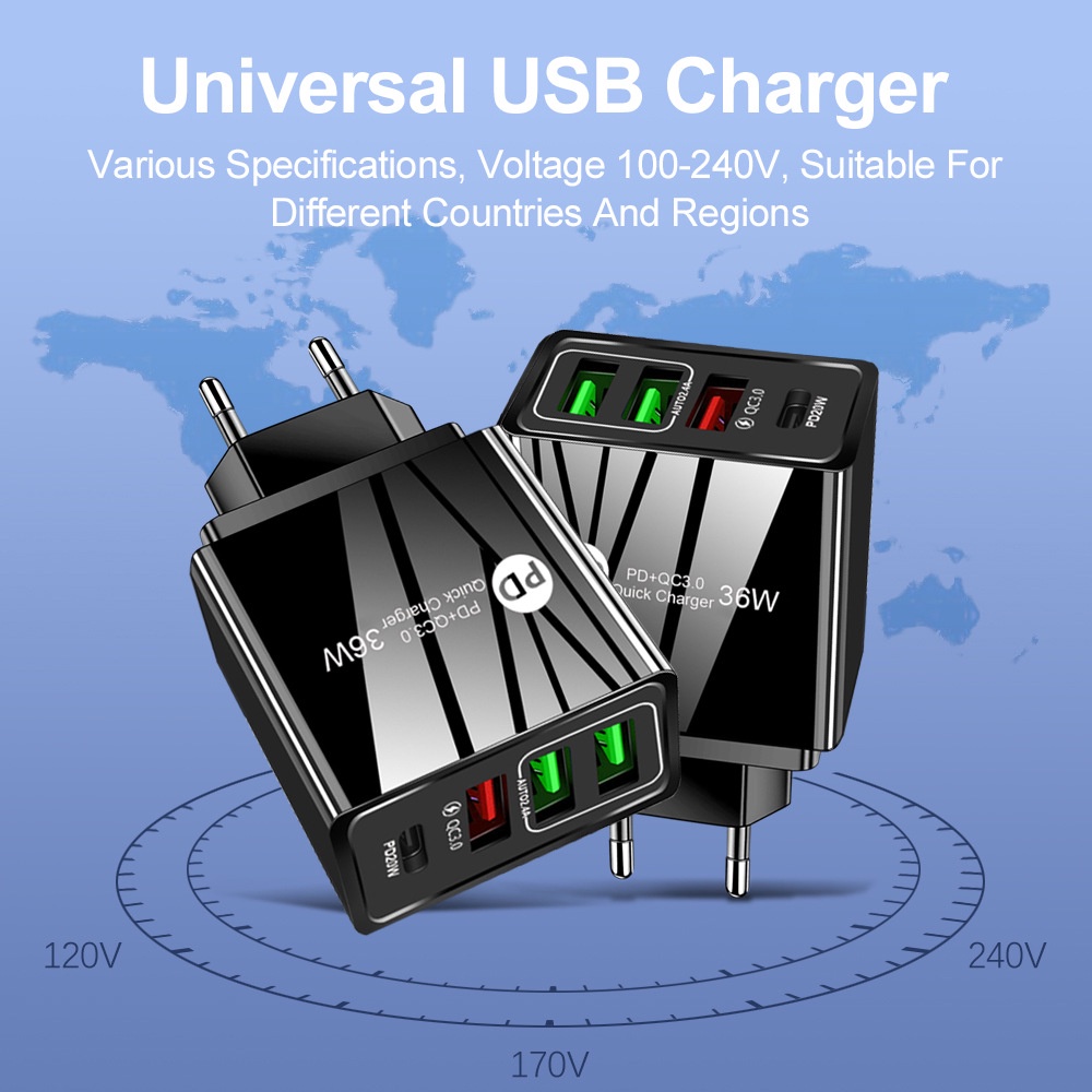 Adapter Power Charger 36W 3 Port Usb-A + Tipe-C 4 Port QC3.0 + PD Portable Untuk Iphone / Android