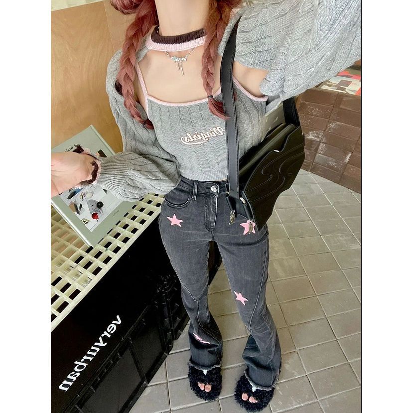 Suhao musim gugur ukuran besar pinggang tinggi slim fit hot gadis dicuci hitam elastis flared jeans wanita lebar kaki celana raw edge pasang