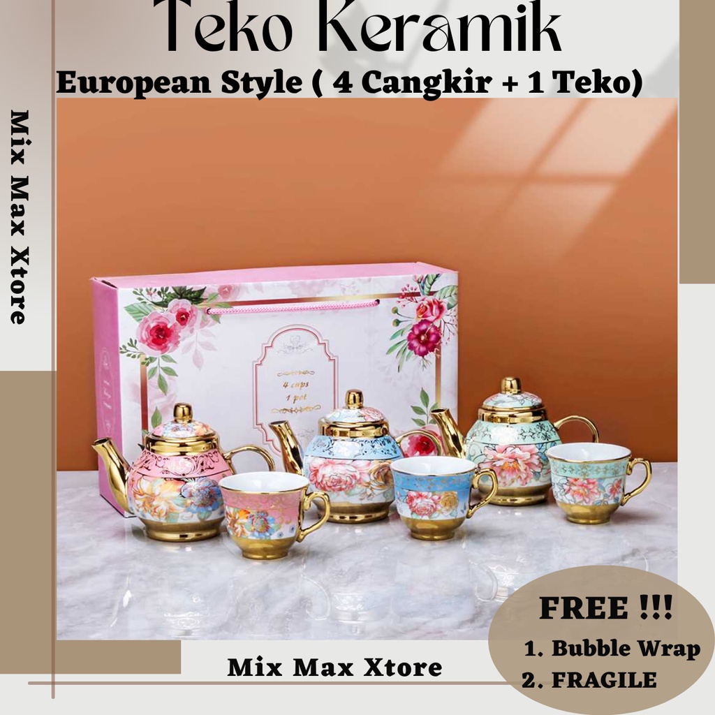 Teko Keramik 4 in 1 Cangkir Set 4 Cups 1 Pot European Style (2 Warna)