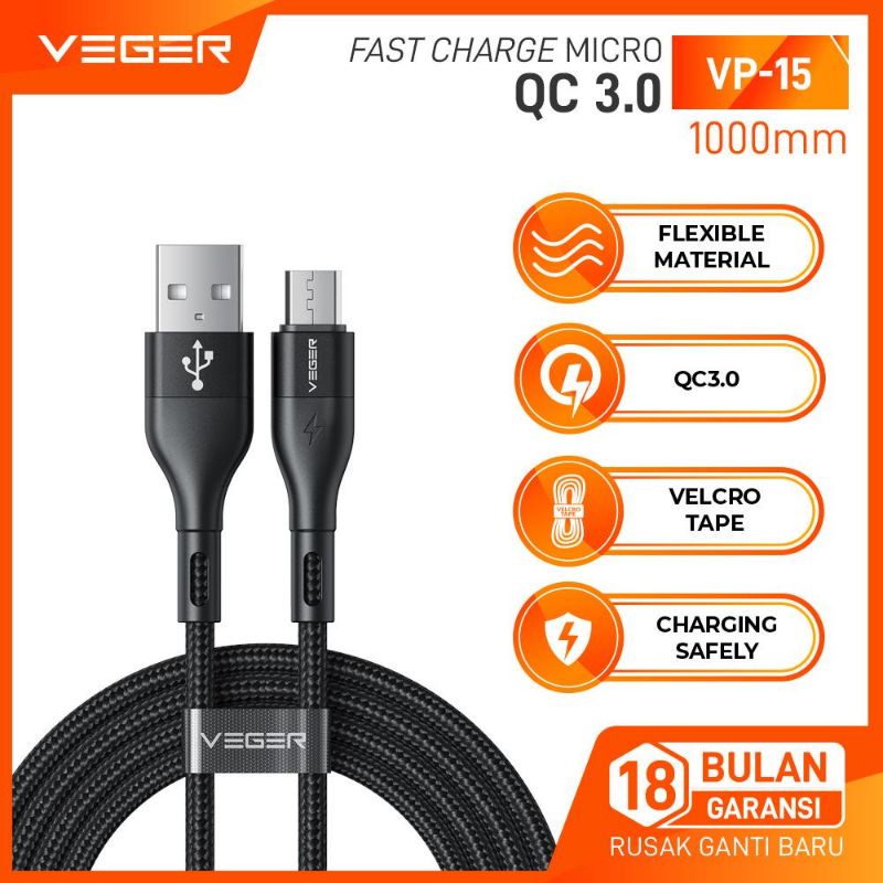 Veger Kabel Data VP-15 Micro / VP-16 Type-C / AC100 Type-C QC3.0 Fast Charging 1M Original Veger
