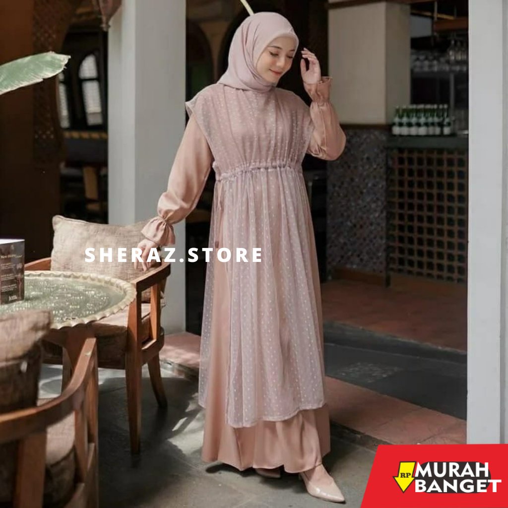 model gamis kombinasi polos terbaru 2022 VIOLITA SET Gamis Dress Hitam Putih Tile Kondangan Wanita R
