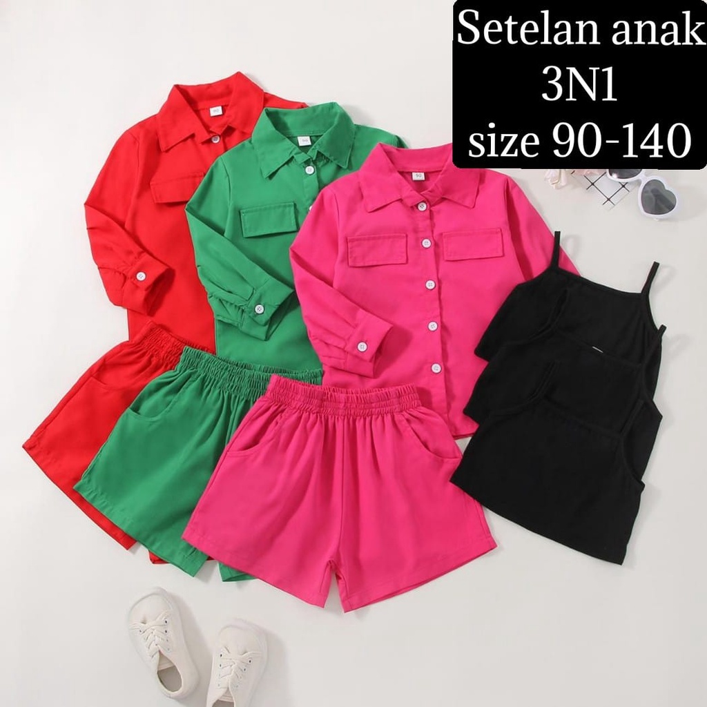 (LOLI-JKT) BS-347 SETELAN ANAK 3N1 KEMEJA CEWE KUE SIZE 90-140