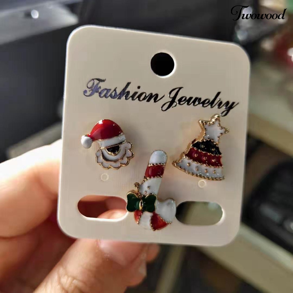 3pcs / Set Pin Bros Berlian Imitasi Warna-Warni Desain Santa Claus Bell Rusa Snowflake Pohon Natal