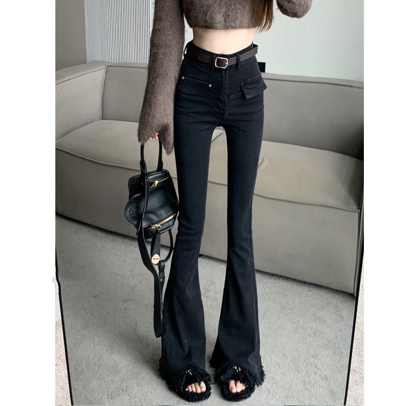 Suhao high-waisted fringed sedikit flared jeans wanita slim fit dan high flared pants desain musim gugur dan musim dingin ditambah velvet mopping pants