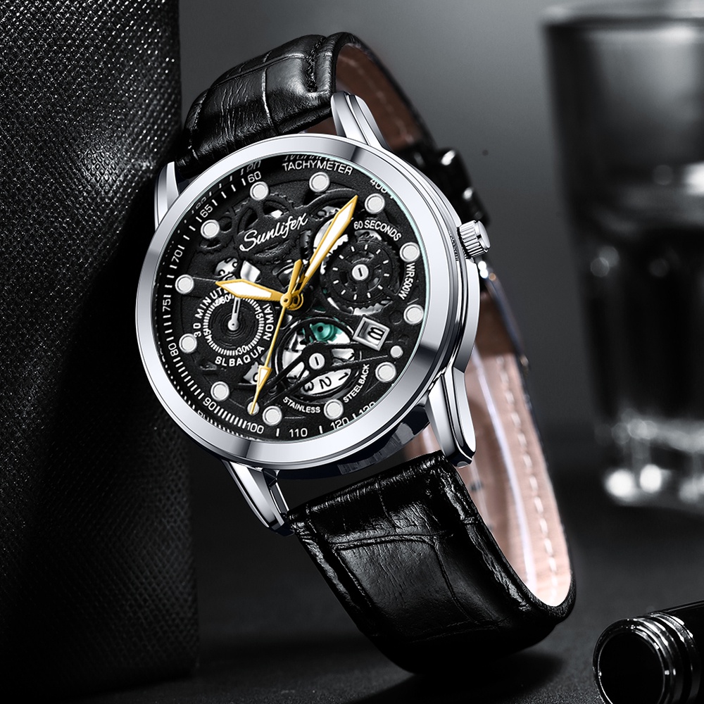 Sunlifex Jam Tangan Pria Dial Berongga Anti Air Kuarsa Tali Kulit Jam Pria Original Santai Mode Jam Tangan Cowok 7001-1