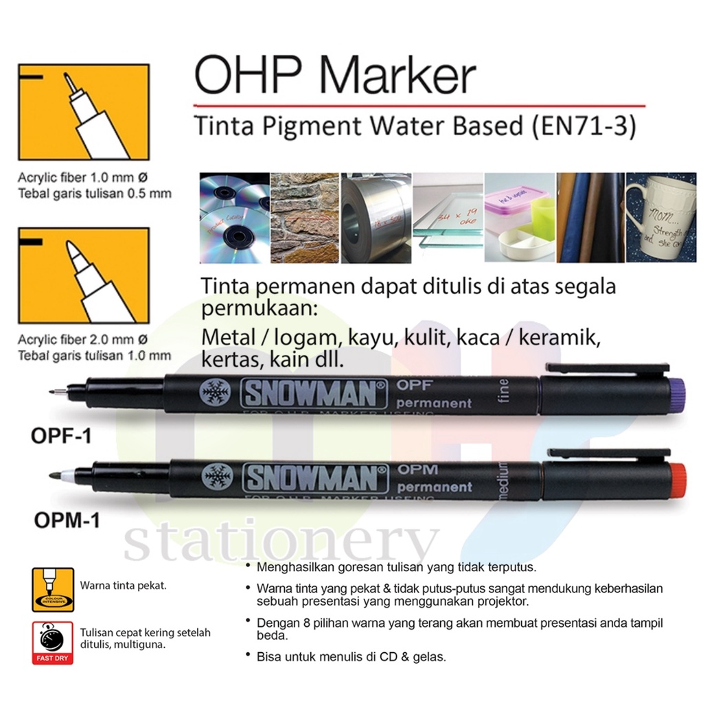

SNOWMAN Permanent Marker Spidol Permanen water-proof OHP OPM OPF logam kayu kulit kaca keramik kain