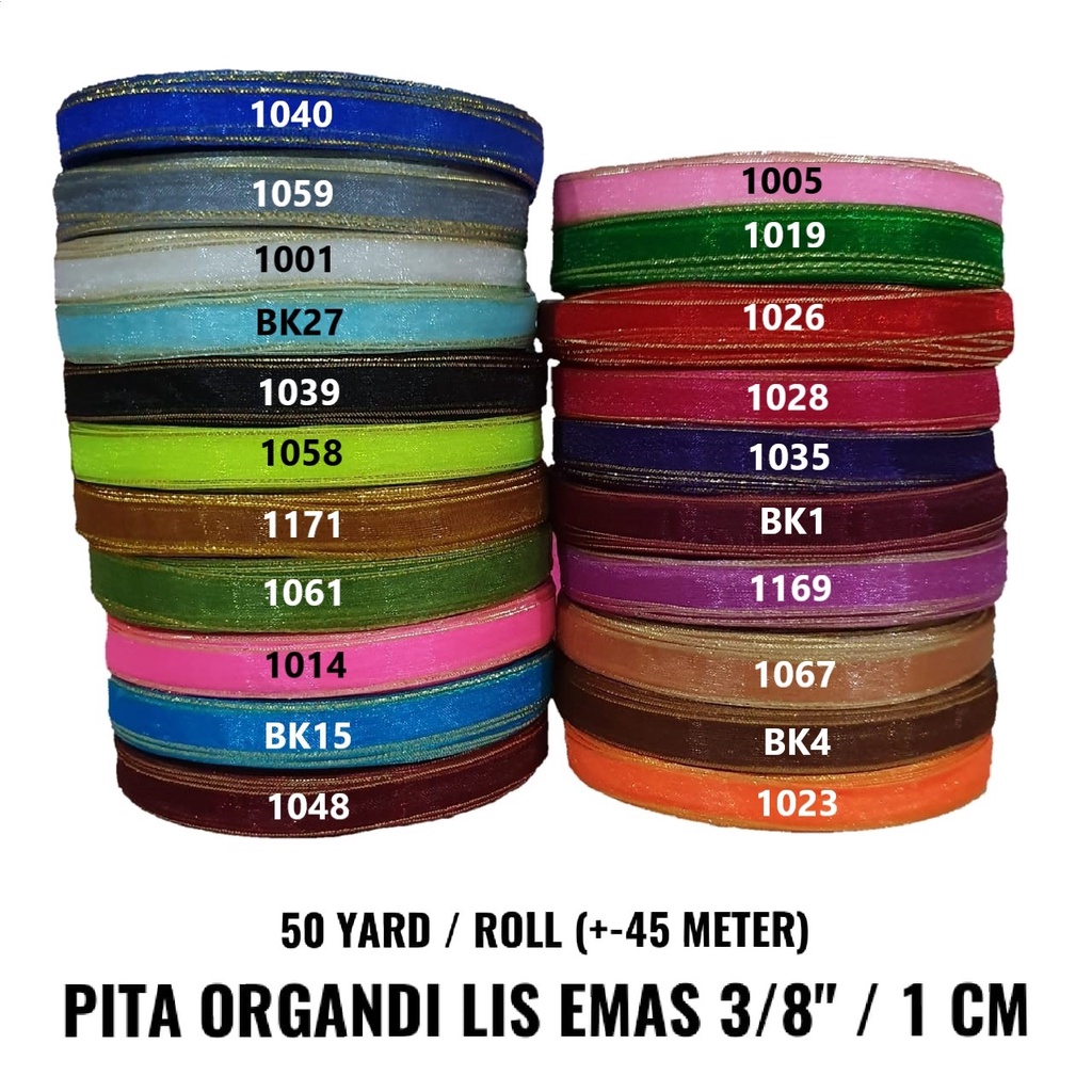 Pita Organdi Polos 3/8 inch/1 cm (10 roll x 50 yard) Grosir Obral Cuci Gudang Pita Kado 3/8&quot;