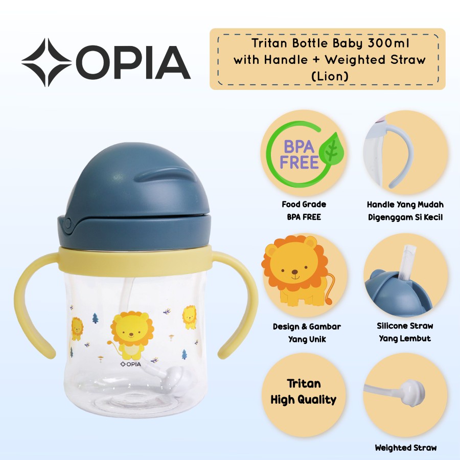 Opia Tritan Baby 300ml - Lion Weighted Straw Bottle with Handle - Botol Minum