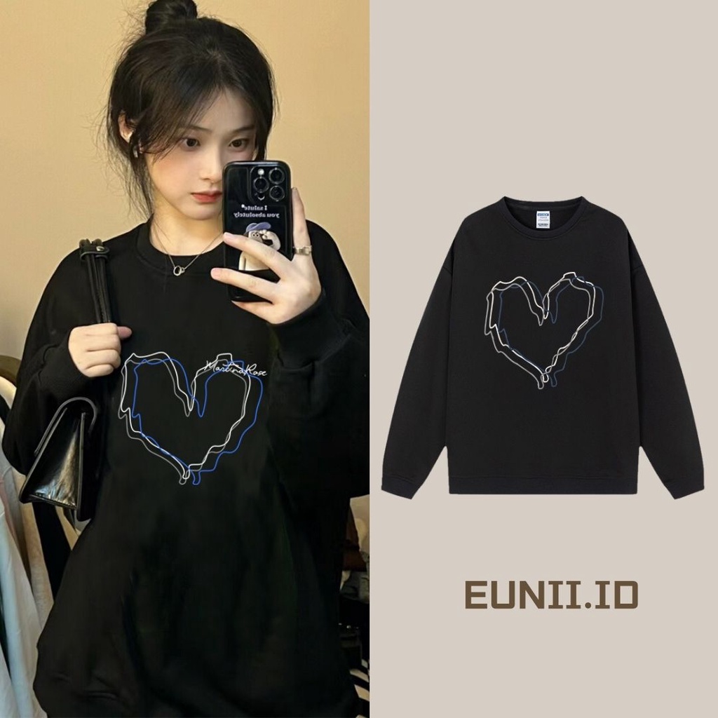 EUNII Sweater Lengan Panjang Ecg Love Korean Style/Hoodie Oversize/Baju Wanita/Switer Wanita