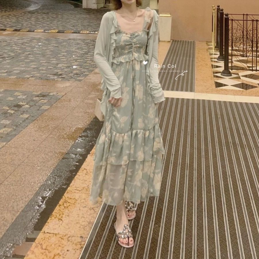 2022 baru rok sifon mahasiswi versi Korea musim panas ins daun teratai suspender dress super fairy dress