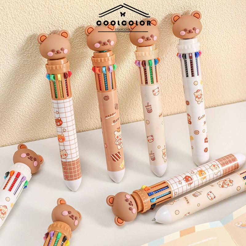 COD❤️1pc Pulpen Mekanik 10 Warna Warni Rectractable Pen Color Motif Kartun Lucu Bear Grid Kotak Aesthetic Bolpoin Alat Tulis Sekolah- cl