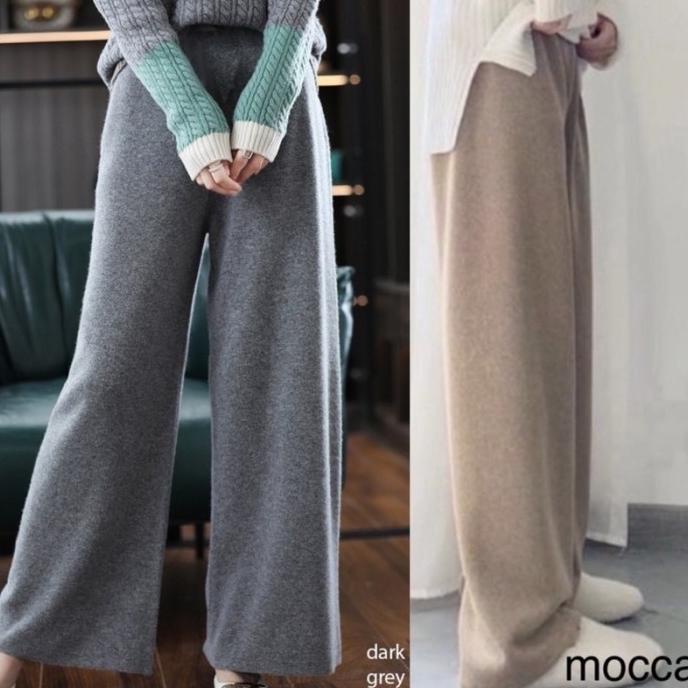 Celana kulot panjang wanita warna sage / kulot knit rajut