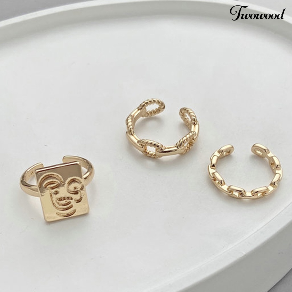 3pcs Cincin Model Rantai Twisted Terbuka Adjustable Motif Wajah Tersenyum Untuk Wanita