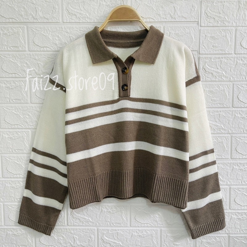 PEPONI Sweater Rajut Oversize Kerah Polo Kancing Stripe Premium Korean