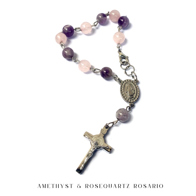 gelang rosario batu alam asli amethyst & rosequartz