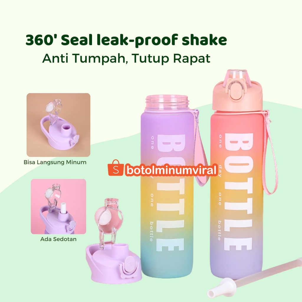 Botol Minum Viral Gradasi Korea 1 Liter Free Stiker BPA FREE Tebal Premium Ada Strap